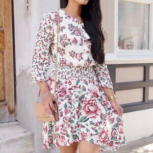 Anthropologie Farm Rio Anabela Smocked Dress Floral Long Sleeve Boho Size XXS